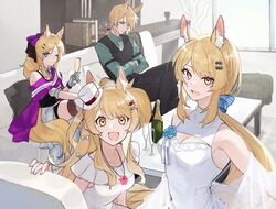  1boy 3girls alcohol alternate_hairstyle animal_ear_fluff animal_ears arknights armpits aunt_and_niece black_dress black_gloves black_pants black_vest blemishine_(arknights) blue_bow blue_eyes blue_flower blue_rose bow breasts champagne champagne_flute cleavage_cutout clothing_cutout collared_shirt commentary corsage couch cup dress drinking_glass feet_out_of_frame flower gloves green_shirt hairbow hat highres holding holding_cup horse_boy horse_ears horse_girl indoors jewelry long_hair looking_at_viewer medium_breasts mini_hat mlynar_(arknights) multiple_girls nearl_(arknights) necklace necktie official_alternate_costume one_eye_closed open_mouth pants ponytail purple_bow purple_skirt rose sash shirt short_ponytail siblings sisters skirt sleeveless sleeveless_dress smile table uncle_and_niece upper_body vest whislash_(arknights) whislash_(glory_purple)_(arknights) white_dress white_headwear white_necktie yakota_(usuk-yako) yellow_eyes 