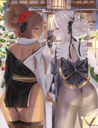  2girls 777_(nikke) absurdres architecture ass black_ribbon black_thighhighs blanc_(nikke) blanc_(white_rabbit)_(nikke) bodystocking breasts brown_hair christmas_tree dark-skinned_female dark_skin detached_collar east_asian_architecture flower frilled_kimono frills from_behind fur_collar gift goddess_of_victory:_nikke gold_nails hair_bun hair_flower hair_ornament hair_ribbon highres holding holding_hands holding_paddle japanese_clothes just_tume kimono large_breasts looking_at_viewer medium_breasts multicolored_clothes multicolored_kimono multiple_girls noir_(black_rabbit)_(nikke) noir_(nikke) obi off_shoulder official_alternate_costume paddle red_flower ribbon sash short_kimono siblings sideboob single_hair_bun sisters snow thighhighs white_hair yellow_eyes 