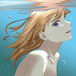  absurdres brown_hair collarbone female floating_hair highres long_hair looking_at_viewer looking_to_the_side love_live! love_live!_superstar!! nude open_mouth purple_eyes s_sho_mkrn shibuya_kanon solo straight_hair underwater 