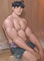  1boy ahoge bara barra.kun.7 belly bench black_eyes black_hair black_male_underwear blush cowboy_shot cowlick fog highres large_pectorals looking_ahead love_handles male_focus male_underwear muscular muscular_male nipples original pectorals plump sauna short_hair sideburns sitting smile solo sweat topless_male towel towel_around_waist underwear underwear_only wooden_bench wooden_wall 