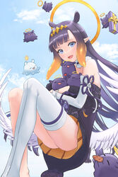  absurdres black_dress blue_eyes blunt_bangs choker closed_eyes cloud cloudy_sky cookie detached_sleeves diamond_hairband dress eating english_commentary female food food_in_mouth fur-trimmed_choker fur_choker fur_trim gloves gradient_hair halo heart highres hololive hololive_english long_hair looking_at_viewer low_wings mole mole_under_eye multicolored_hair ninomae_ina&#039;nis ninomae_ina&#039;nis_(1st_costume) octopus open_mouth orange_hair pointy_ears purple_hair reylan520 sidelocks single_detached_sleeve sky smile strapless strapless_dress takodachi_(ninomae_ina&#039;nis) tentacle_hair tube_dress twitter_username virtual_youtuber wings 