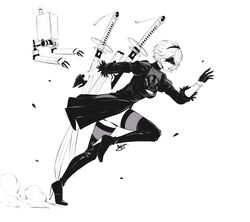  2b_(nier:automata) absurdres blindfold bob_cut boots breasts cleavage_cutout closed_mouth clothing_cutout commentary covered_eyes dress dust english_commentary feather-trimmed_sleeves female floating floating_object floating_sword floating_weapon from_side full_body gloves greyscale hairband high_heel_boots high_heels highres juliet_sleeves lipstick long_sleeves makeup monochrome nier:automata nier_(series) pod_(nier:automata) puffy_sleeves robot running short_dress short_hair side_slit simple_background smile sword thighhighs thighhighs_under_boots weapon yajuu_(tristan_maska) 