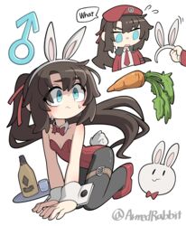  1boy 1other absurdres alcohol all_fours animal_ears armedrabbit artist_name bare_shoulders beret black_pantyhose blue_eyes blush bottle bow bowtie brown_hair carrot chibi closed_mouth collar collarbone commander_(girls&#039;_frontline) commission commissioner_upload confused detached_collar english_text fake_animal_ears fake_tail full_body girls&#039;_frontline glass griffin_&amp;_kryuger hair_ribbon hat highres holding_headband journey_in_the_auspicious_snow_(girls&#039;_frontline) leotard long_hair long_sleeves looking_at_object looking_to_the_side mars_symbol mole mole_under_eye necktie open_mouth otoko_no_ko pantyhose platform_footwear platform_heels playboy_bunny ponytail rabbit_ears rabbit_tail red_bow red_bowtie red_footwear red_headwear red_leotard red_necktie red_ribbon ribbon speech_bubble sweatdrop tail thigh_strap white_background white_collar white_wrist_cuffs wrist_cuffs 