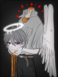  1boy albino angel_wings belt black_pants brown_belt decapitation glowing glowing_halo grey_hair halo highres lcl male_focus nagisa_kaworu neon_genesis_evangelion pants red_eyes rip_tensi school_uniform shirt smile solo standing tokyo-3_middle_school_uniform white_halo white_shirt wings 