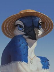  3:4 anthro ariesredlo avian beak bird blue_body blue_eyes blue_feathers blue_jay clothed clothing corvid detailed dress eyelashes feathers female headshot_portrait hi_res jay_(bird) jewelry necklace new_world_jay oscine passerine portrait realistic_anatomy realistic_lighting realistic_shading sky solo 