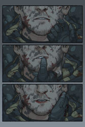  2boys black_gloves black_jacket couple death_stranding dirty dirty_clothes dirty_face facial_hair gloves goatee grey_hair hamms_hamss hand_on_another&#039;s_face higgs_(death_stranding) highres jacket lips male_focus mature_male moustache multiple_boys parted_lips sam_porter_bridges short_hair teeth yaoi 