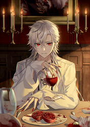  1boy alcohol ambiguous_red_liquid arm_cutout blurry blurry_foreground candlestand commentary_request cup drinking_glass earrings food fork fruit hair_between_eyes highres holding holding_cup jewelry kawausoman knife kuzuha_(nijisanji) long_hair looking_at_viewer male_focus multiple_earrings multiple_rings nail_polish nijisanji photo_(object) plate pomegranate red_eyes red_nails red_wine ring serious shelf shirt solo upper_body virtual_youtuber white_hair white_shirt wine wine_glass 