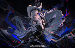  arched_back arknights artist_name bare_shoulders belt black_belt black_dress black_hat black_sky black_sleeves blue_nails blurry blurry_background blurry_edges blush book breasts buttons chains chest_strap chinese_commentary chromatic_aberration circular_saw clear_sky cleavage cleavage_cutout clothing_cutout commentary_request cowboy_shot criss-cross_straps depth_of_field detached_sleeves dress english_text eyelashes female fingernails floating_clothes floating_hair frilled_dress frills grey_hair grin hair_between_eyes hair_flowing_over hand_in_own_hair hand_up hat hat_ornament hatching_(texture) head_tilt high_collar highres holding holding_jewelry holding_necklace holding_weapon jewelry juliet_sleeves lapels large_breasts linear_hatching lips lipstick long_dress long_eyelashes long_fingernails long_hair long_sleeves looking_at_viewer makeup nail_polish necklace night notched_lapels ocean oerba_yun_fang official_alternate_costume outdoors pale_skin parted_lips puffy_sleeves red_eyes red_lips saw shadow sky sleeve_cuffs sleeveless sleeveless_dress smile solo specter_(arknights) specter_the_unchained_(arknights) standing strap teeth till-valhalla turtleneck turtleneck_dress two-sided_fabric two-sided_headwear very_long_hair water watermark weapon weibo_logo weibo_watermark 