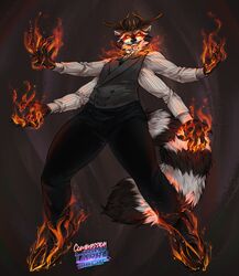  4_arms breath_powers elemental_manipulation faustus fire fire_breathing fire_manipulation glowing glowing_eyes hi_res larru-larru male mammal multi_arm multi_limb possession procyonid raccoon well_dressed 