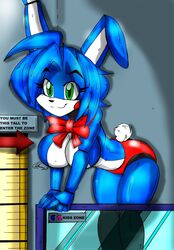  2015 animatronic anthro bent_over blue_hair bonnie_(fnaf) bow_(feature) chart digital_media_(artwork) female five_nights_at_freddy&#039;s five_nights_at_freddy&#039;s_2 five_nights_in_anime green_eyes hair height_chart hi_res lagomorph leaning leaning_forward leporid machine mammal multicolored_body rabbit robot scottgames solo toy_bonnie_(fnaf) two_tone_body zhengfox 