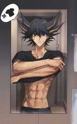  1boy abs alternate_costume bathroom black_hair black_pants black_shirt blue_eyes clothes_lift collarbone facial_mark facial_tattoo fudo_yusei highres indoors looking_at_mirror looking_at_viewer male_focus mirror multicolored_hair naoki_(2rzmcaizerails6) pants parted_lips shirt solo speech_bubble spiked_hair streaked_hair sweatdrop t-shirt tattoo toned toned_male towel undressing upper_body x yu-gi-oh! yu-gi-oh!_5d&#039;s 