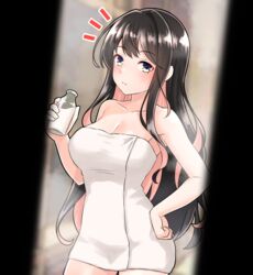  after_bathing black_hair bottle breasts cleavage colored_inner_hair female furaggu_(frag_0416) highres holding holding_bottle kantai_collection large_breasts long_hair milk_bottle multicolored_hair naganami_(kancolle) naked_towel pink_hair solo towel two-tone_hair wavy_hair white_towel yellow_eyes 