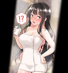  !? after_bathing black_hair bottle breasts cleavage colored_inner_hair female furaggu_(frag_0416) highres holding holding_bottle kantai_collection large_breasts long_hair milk_bottle multicolored_hair naganami_(kancolle) naked_towel open_mouth pink_hair solo spoken_interrobang surprised towel two-tone_hair wavy_hair white_towel yellow_eyes 