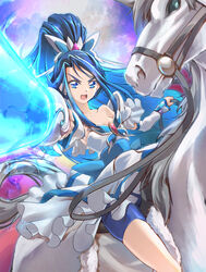  animal artist_name bare_shoulders blue_dress blue_eyes blue_hair blue_shorts butterfly_brooch butterfly_earrings clear_glass_(mildmild1311) commentary_request cure_aqua dress earrings eyelashes female hair_ornament high_ponytail highres holding holding_reins horse horseback_riding jewelry long_hair looking_at_viewer magical_girl minazuki_karen open_mouth pointing pointing_at_viewer pointing_weapon ponytail precure puffy_sleeves reins riding serious shorts shorts_under_dress signature solo twitter_username yes!_precure_5 