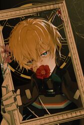  1boy absurdres armor armor_under_clothes black_jacket blonde_hair blood blood_on_face blood_on_glass blue_eyes breastplate bright_pupils broken_glass camellia chimei_wangliang chinese_commentary clock collared_jacket commentary covered_mouth dripping_blood flower flower_in_mouth glass highres holding_frame jacket lee:_hyperreal_(punishing:_gray_raven) lee_(punishing:_gray_raven) looking_at_viewer male_focus mechanical_hands open_clothes open_jacket picture_frame pink_flower portrait punishing:_gray_raven red_flower roman_numeral short_hair silk solo spider_web white_pupils 