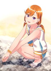  :d absurdres bare_arms bare_legs barefoot beach bracelet brown_hair collarbone female full_body hair_ornament highres jewelry long_hair looking_at_viewer love_live! love_live!_superstar!! nail_polish open_clothes open_mouth open_vest purple_eyes s_sho_mkrn shibuya_kanon smile solo squatting swept_bangs toenail_polish toenails twintails vest white_vest yellow_nails 