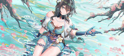  absurdres aqua_dress bangle bare_shoulders black_gloves black_hair blue_eyes bracelet branch breasts bupa_chila capelet cherry_blossoms china_dress chinese_clothes cleavage cleavage_cutout closed_mouth clothing_cutout detached_collar dress female flower gloves hair_flower hair_ornament highres honkai:_star_rail honkai_(series) incredibly_absurdres jewelry large_breasts long_hair looking_at_viewer low_ponytail pelvic_curtain ruan_mei_(honkai:_star_rail) shoulder_cutout sitting sleeveless sleeveless_dress smile solo strapless strapless_dress thighs very_long_hair water wet 