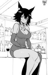  alcohol animal_ear_fluff animal_ears artist_name bar_(place) bare_shoulders bottle breasts cat_ears chair closed_mouth collarbone counter cup cupping_glass dress drinking_glass elbow_gloves female glass gloves greyscale hair_between_eyes highres indoors jewelry large_breasts liquor looking_at_viewer monochrome norman_maggot on_counter original red_wine shelf short_hair sitting sleeveless sleeveless_dress smile solo tail wine wine_bottle wine_glass 