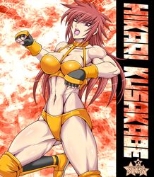  abs bare_shoulders biceps black_gloves breasts character_name choker clenched_hands clothing_request collarbone commentary_request female fighting_stance fingerless_gloves gloves highres knee_pads kusakabe_hikari large_breasts logo looking_at_viewer messy_hair midriff muscular muscular_female navel open_mouth orange_choker orange_footwear orange_gloves original promo_poster punching red_eyes red_hair retro_artstyle shiny_skin solo spiked_hair standing standing_on_one_leg taroimo_(00120014) thick_thighs thighs tongue wrestling wrestling_boots wrestling_outfit 