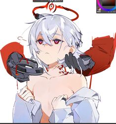  1boy 1other bishounen gloves halo hand_up highres ierotak joshua_(resonance_solstice) male_focus mechanical_halo red_eyes resonance_solstice scar scar_on_neck simple_background solo_focus topless_male white_background 