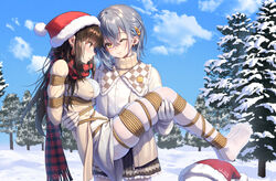  2girls bondage bondage bondage bound bound_arms bound_legs brown_hair carrying commentary_request earrings gloves grey_hair hair_ornament hairclip haneru haori_haruki highres himino_seika himitsu_no_jugyou jewelry long_hair multiple_girls one_eye_closed pantyhose princess_carry rope shibari_over_clothes skindentation smile snow tree white_gloves white_pantyhose winter winter_clothes yellow_eyes yuri 