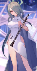  ainy alternate_costume blue_archive breasts clarinet closed_mouth dress feet_out_of_frame female fingernails green_hair hair_over_one_eye halo highres holding holding_instrument instrument large_breasts long_hair mina_(blue_archive) red_eyes sideboob sleeveless sleeveless_dress smile solo white_dress 