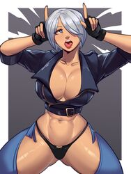  abs absurdres angel_(kof) backless_pants blue_eyes bra breasts chaps cleavage crop_top cropped_jacket dark-skinned_female dark_skin female fingerless_gloves gloves hair_over_one_eye highres horns_pose index_fingers_raised jacket large_breasts leather leather_jacket looking_at_viewer midriff muscular muscular_female navel open_mouth panties pants short_hair skullworms snk solo strapless strapless_bra the_king_of_fighters the_king_of_fighters_xiv toned tongue tongue_out underwear white_hair 