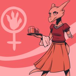  1:1 2019 2_horns amputee anthro arzfayz arzfayz_amazing_adventure_quest bald bandaged_stump bottomwear breasts clothed clothing container cup deer_(artist) digital_media_(artwork) disability eyelashes female female_symbol fully_clothed gender_symbol glass glass_container glass_cup hi_res holding_plate horn kobold medium_breasts missing_arm mug orange_bottomwear orange_clothing orange_skirt pink_background portrait red_clothing red_eyes red_shirt red_topwear scalie shirt simple_background skirt snout solo standing symbol tail three-quarter_portrait three-quarter_view topwear women&#039;s_day 