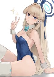  :o absurdres animal_ears bare_shoulders blonde_hair blue_archive blue_eyes blue_hair blue_halo blue_leotard bow bowtie braid breasts cleavage detached_collar fake_animal_ears fake_tail female half_up_braid halo headset highleg highleg_leotard highres lamp_p9 leotard long_hair looking_at_viewer medium_breasts multicolored_hair official_alternate_costume playboy_bunny rabbit_ears rabbit_tail sitting solo strapless strapless_leotard streaked_hair tail thighhighs toki_(blue_archive) toki_(bunny)_(blue_archive) v white_thighhighs wrist_cuffs 