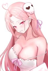  absurdres ahoge bare_shoulders blush breasts cleavage collarbone commentary_request deevile_0122 dress female forehead grin hair_ornament hair_ribbon heart heart_ahoge highres huge_breasts korean_commentary long_hair looking_at_viewer mole mole_under_eye parted_bangs pink_eyes pink_hair pink_lips pink_ribbon purple_ribbon ribbon selline_(trickcal) simple_background skull_hair_ornament smile solo strap_slip trickcal upper_body white_background white_dress 