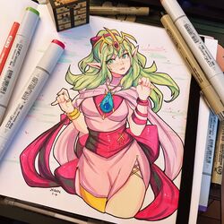  5-ish_(crevettavt) art_tools_in_frame blue_gemstone bracelet breasts commentary dress female fire_emblem fire_emblem:_mystery_of_the_emblem fire_emblem_awakening fire_emblem_heroes gem green_eyes green_hair highres jewelry long_hair multiple_bracelets necklace official_alternate_costume open_mouth photo_(medium) pink_dress pointy_ears side_slit solo teeth tiara tiki_(adult)_(fated_divinity)_(fire_emblem) tiki_(adult)_(fire_emblem) tiki_(fire_emblem) traditional_media 