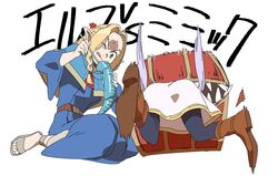  2girls ass belt black_pantyhose blonde_hair blue_capelet blue_robe boots braid brown_footwear capelet commentary crab_claw crossover dress dungeon_meshi eating elf french_braid frieren frieren_stuck_in_a_mimic_(meme) green_eyes hood hood_down hooded_capelet jinou_rakugaki knee_boots licking_lips long_hair long_sleeves marcille_donato meme mimic mimic_chest motion_blur multiple_girls one_eye_closed pants pantyhose parted_bangs pointy_ears robe sandals season_connection sharp_teeth shoe_soles side_braid simple_background sitting sousou_no_frieren stuck teeth tongue tongue_out translated twintails wariza white_background white_dress white_pants 