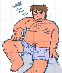  &gt;_o 1boy arm_hair bara beard_stubble belly boxers brown_hair facial_hair flying_sweatdrops foot_out_of_frame forked_eyebrows grid_background hairy long_sideburns male_focus male_underwear null_(mr_not_null) one_eye_closed plump scott_pilgrim_(series) scott_pilgrim_takes_off short_hair sideburns solo sparse_chest_hair sparse_leg_hair sparse_navel_hair stephen_stills stubble thick_eyebrows topless_male underwear unfinished whiteboard_fox_(medium) 