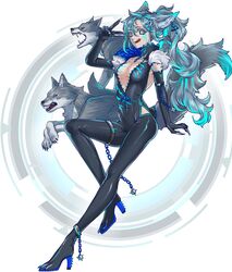  animal animal_ears animal_hair_ornament black_bodysuit black_gloves blue_hair bodysuit breasts bright_pupils center_opening claw_(weapon) claw_mark claws colored_eyelashes cuffs ear_piercing elbow_gloves fang_out female full_body fur_trim gloves grey_eyes grey_hair hair_between_eyes hairband hand_up high_collar high_heels highres hip_vent licking_lips long_hair looking_at_viewer medium_breasts multicolored_background multicolored_hair oerba_yun_fang original paw_shoes piercing ponytail sabuneko2645 shackles sleeveless solo spiked_hairband spikes standing standing_on_one_leg streaked_hair tail tongue tongue_out v weapon white_background white_pupils wolf wolf_ears wolf_girl wolf_tail zipper zipper_pull_tab 