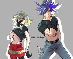  2boys abs absurdres androgynous asymmetrical_hair bae_(baebae) black_gloves black_shirt blonde_hair blue_eyes blue_hair clothes_lift covering_own_mouth galo_thymos gloves green_hair guilty_challenge_(meme) hair_between_eyes half_gloves hand_in_clothes hand_over_own_mouth hand_under_clothes hand_under_shirt highres lio_fotia long_hair looking_at_viewer male_focus meme mohawk multiple_boys navel otoko_no_ko promare shirt shirt_lift short_hair short_sleeves sidecut sidelocks smile spiked_hair stomach t-shirt toned toned_male undercut 