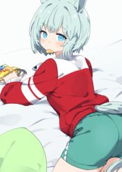  animal_ears ass bed_sheet blue_eyes blush chips_(food) female food food_in_mouth from_behind green_hair green_shorts highres horse_ears horse_girl horse_tail jacket long_sleeves looking_at_viewer looking_back lying on_bed on_stomach pillow potato_chips red_jacket seiun_sky_(umamusume) short_hair short_shorts shorts solo tail tail_through_clothes totomono tracen_training_uniform track_jacket umamusume 