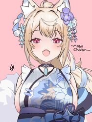  :3 :d animal_ear_fluff animal_ears black_sash blonde_hair blue_hair blue_kimono blush breasts dog_ears dog_girl fangs female floral_print_kimono flower fuwawa_abyssgard fuwawa_abyssgard_(new_year) hair_flower hair_ornament high_ponytail highres hololive hololive_english japanese_clothes kimono large_breasts long_hair loob looking_at_viewer multicolored_hair obi official_alternate_costume open_mouth pink_eyes sash sideboob sideless_kimono skin_fangs smile solo streaked_hair virtual_youtuber 