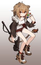  amonitto animal_ears arknights blush boots breasts brown_hair brown_jacket candy choker cleavage cutoffs female food fur-trimmed_jacket fur_trim gradient_background hammer holding holding_hammer jacket lion_ears lion_girl lion_tail lollipop long_hair looking_at_viewer open_clothes open_jacket orange_eyes red_shorts red_socks shorts siege_(arknights) small_breasts socks solo tail tank_top white_footwear 