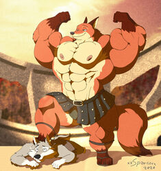  2020 abs anthro arena armor artist_name bicep_curl biceps canid canine canis clothing cosplay digital_media_(artwork) disney duo flexing footwear fox gladiator hi_res leather leather_armor male mammal muscular muscular_anthro muscular_male nick_wilde pteruges red_fox sandals teofacio_larna true_fox warrior wolf xxsparcoxx zootopia 