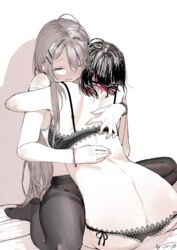  2girls absurdres ahoge ass black_bra black_hair black_panties black_pantyhose borrowed_character bra bracelet chinese_commentary closed_eyes closed_mouth commentary_request couple cv-3_(dejiajia) grey_hair hair_ornament hairclip halftone_texture highres hug jewelry lace-trimmed_bra lace-trimmed_panties lace_trim long_hair mixed-language_commentary multicolored_hair multiple_girls no_shoes panties panties_under_pantyhose pantyhose partial_commentary purple_hair saotome_shino_(shino_to_ren) shino_to_ren shirayuki_ren signature strap_slip streaked_hair underwear white_bra yuri 