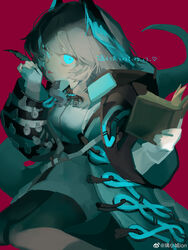  absurdres aqua_eyes aqua_wings arknights belt between_breasts black_belt black_tail black_wings book breasts cowboy_shot dress feathered_wings feathers female fingerless_gloves gloves grey_hair hair_between_eyes head_wings highres ho&#039;olheyak_(arknights) holding holding_book holding_feather hood hooded_coat infection_monitor_(arknights) large_breasts li_xiaocheng looking_at_viewer pink_background short_dress short_hair sitting snake_tail solo strap_between_breasts tail tongue tongue_out two-tone_wings wariza white_dress white_gloves wings 