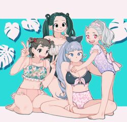  4girls asui_tsuyu bikini black_bikini black_eyes boku_no_hero_academia breasts brown_eyes brown_hair cleavage commentary_request double_v eri_(boku_no_hero_academia) floral_print_bikini grey_hair hadou_nejire hair_ornament hair_scrunchie hands_up highres horns large_breasts medium_breasts multiple_girls one-piece_swimsuit oru_2ji pink_bikini purple_one-piece_swimsuit red_eyes scrunchie single_horn swimsuit twintails uraraka_ochako v 