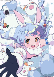  :d animal_ear_fluff animal_ears bare_shoulders black_gloves black_pantyhose blue_hair bow braid breasts brown_eyes carrot_hair_ornament commentary dated detached_sleeves don-chan_(usada_pekora) dress female food-themed_hair_ornament fur-trimmed_dress fur-trimmed_gloves fur_trim gloves hair_ornament hairbow hashtag-only_commentary heart highres hololive multicolored_hair neki_(wakiko) outstretched_arms pantyhose pekomon_(usada_pekora) puffy_short_sleeves puffy_sleeves rabbit_ears short_sleeves small_breasts smile sparkle strapless strapless_dress twin_braids twintails twitter_username two-tone_hair usada_pekora usada_pekora_(1st_costume) virtual_youtuber white_bow white_dress white_footwear white_hair white_sleeves 