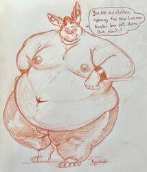  anthro barefoot belly big_belly bottomwear clothing cuff_(restraint) dialogue elbow_on_table feet hi_res karrnade lagomorph leaning leaning_forward leporid looking_at_viewer male mammal moobs navel nipple_piercing nipples overweight overweight_anthro overweight_male pants piercing rabbit restraints shirtless solo speech_bubble standing thick_thighs traditional_media_(artwork) wrist_cuffs 