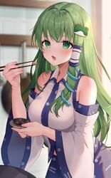  absurdres bare_shoulders blue_skirt breasts chopsticks collared_shirt commentary_request cowboy_shot detached_sleeves eating female food frog_hair_ornament frying_pan green_eyes green_hair hair_ornament highres holding holding_chopsticks indoors kitchen kochiya_sanae long_hair looking_at_viewer open_mouth plate shirt single_hair_tube skirt sleeveless sleeveless_shirt snake solo tasting tasting_plate touhou usushio very_long_hair white_shirt white_sleeves wide_sleeves 