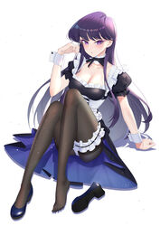  absurdres apron black_dress black_eyes black_hair black_pantyhose blue_footwear blush breasts cleavage collarbone dress feet female hand_up highres knees_up komi-san_wa_komyushou_desu komi_shouko large_breasts legs lijiahao5103 long_hair looking_at_viewer maid maid_apron no_shoes pantyhose parted_lips puffy_short_sleeves puffy_sleeves shoes short_sleeves simple_background single_shoe sitting solo toes unworn_shoes white_background white_wrist_cuffs wrist_cuffs 