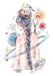  animal_on_head bird bird_nest bird_on_head black_bird black_hair braid branch chinese_commentary cloud commentary completely_nude constellation egg eyelashes female from_behind huangpi_sang in_nest leaf long_hair mushroom nest nude on_head original painting_(medium) partially_submerged planet planetary_ring shoulder_blades simple_background single_braid solo traditional_media upper_body very_long_hair watercolor_(medium) white_background 