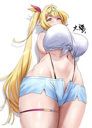  blonde_hair breasts commentary_request curvy daihuku12130 female highleg highleg_panties highres hoshikawa_sara hoshikawa_sara_(1st_costume) huge_breasts large_breasts long_hair looking_at_viewer looking_down navel nijisanji panties short_shorts shorts side_ponytail solo stomach tank_top thick_thighs thigh_strap thighs underwear virtual_youtuber white_background white_tank_top yellow_eyes 