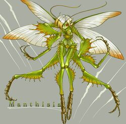  antennae arthropod_girl arthropod_limbs breasts bright_pupils carapace claw_mark claws closed_mouth colored_skin extra_arms female full_body gradient_hair green_skin grey_background grey_hair grey_wings hair_over_one_eye hands_up highres insect_wings looking_at_viewer mantis_girl monster_girl multicolored_hair orange_hair original red_eyes ringed_eyes sabuneko2645 short_hair simple_background small_breasts solo twitter_username wings yellow_eyes yellow_pupils 