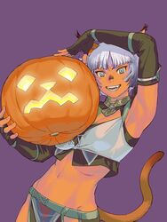  absurdres adventurer_(ff11) animal_ears black_gloves blue_eyes breasts brown_tail cat_ears cat_girl cat_tail cleavage elbow_gloves facial_mark fangs female final_fantasy final_fantasy_xi food gloves highres holding holding_food holding_pumpkin holding_vegetable jack-o&#039;-lantern looking_at_viewer medium_breasts mithra_(ff11) navel open_mouth parted_bangs pumpkin purple_background purple_lips short_hair simple_background smile solo tail tail_raised vegetable whisker_markings white_hair yuccoshi 